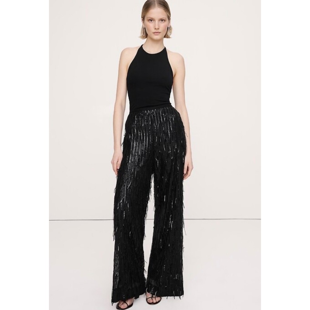 Banana Republic Black Sequin High-Rise Wide Leg Fringe Pants Size 4L Tall